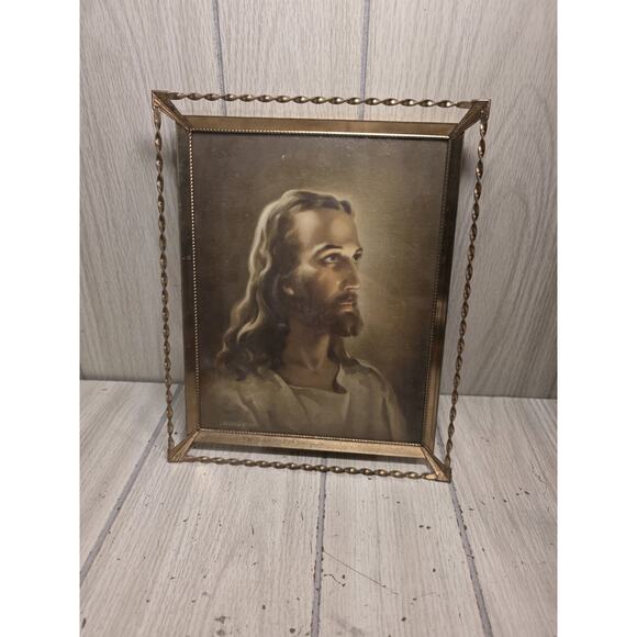 Vintage 1940s Lithograph Jesus Christ Brass Twisted Frame Lord Savior Religious - Picture 1 of 6